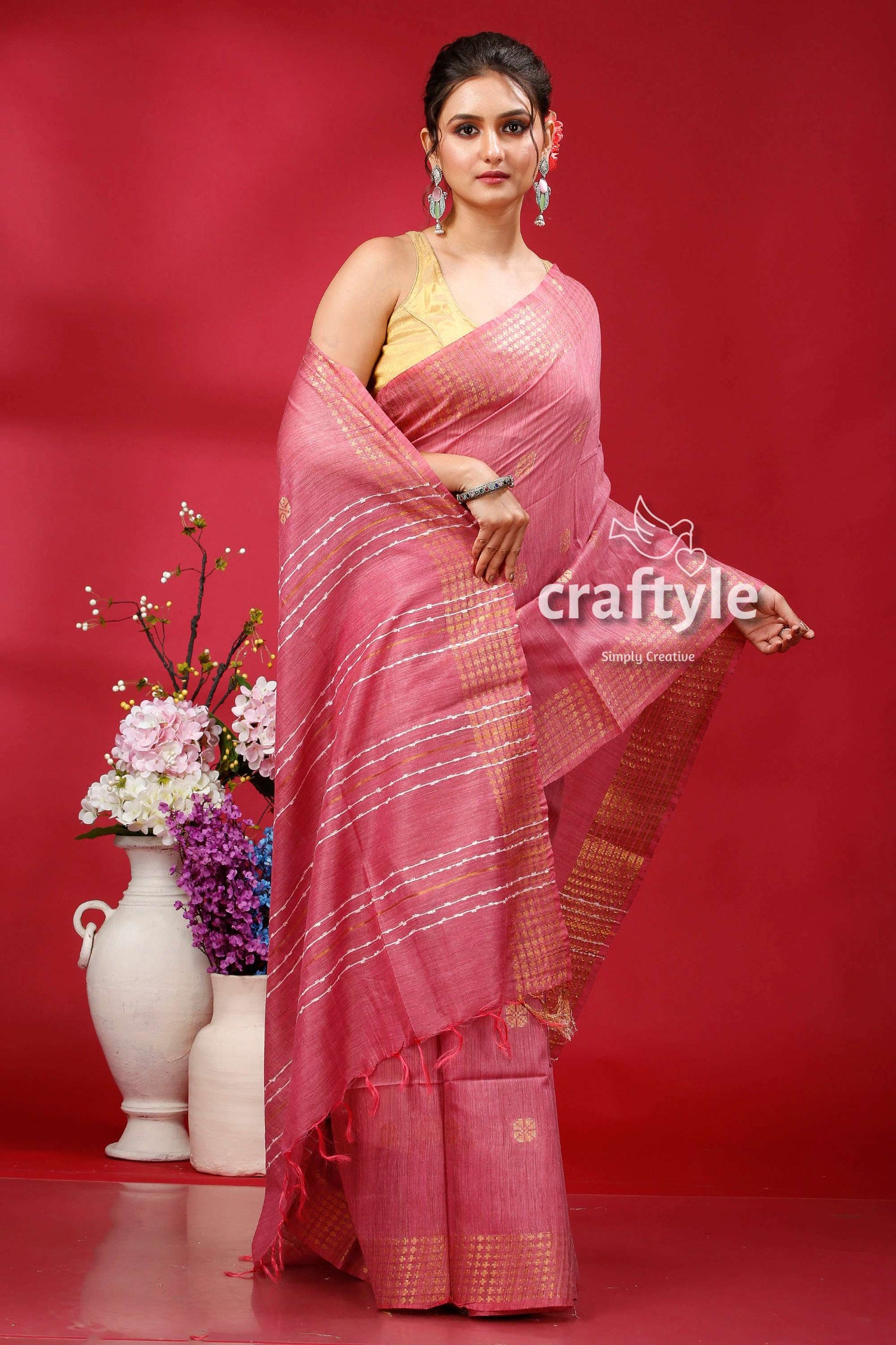 Charm Pink Bhagalpuri Silk Saree with Golden Zari Border - Ghicha Silk - Craftyle