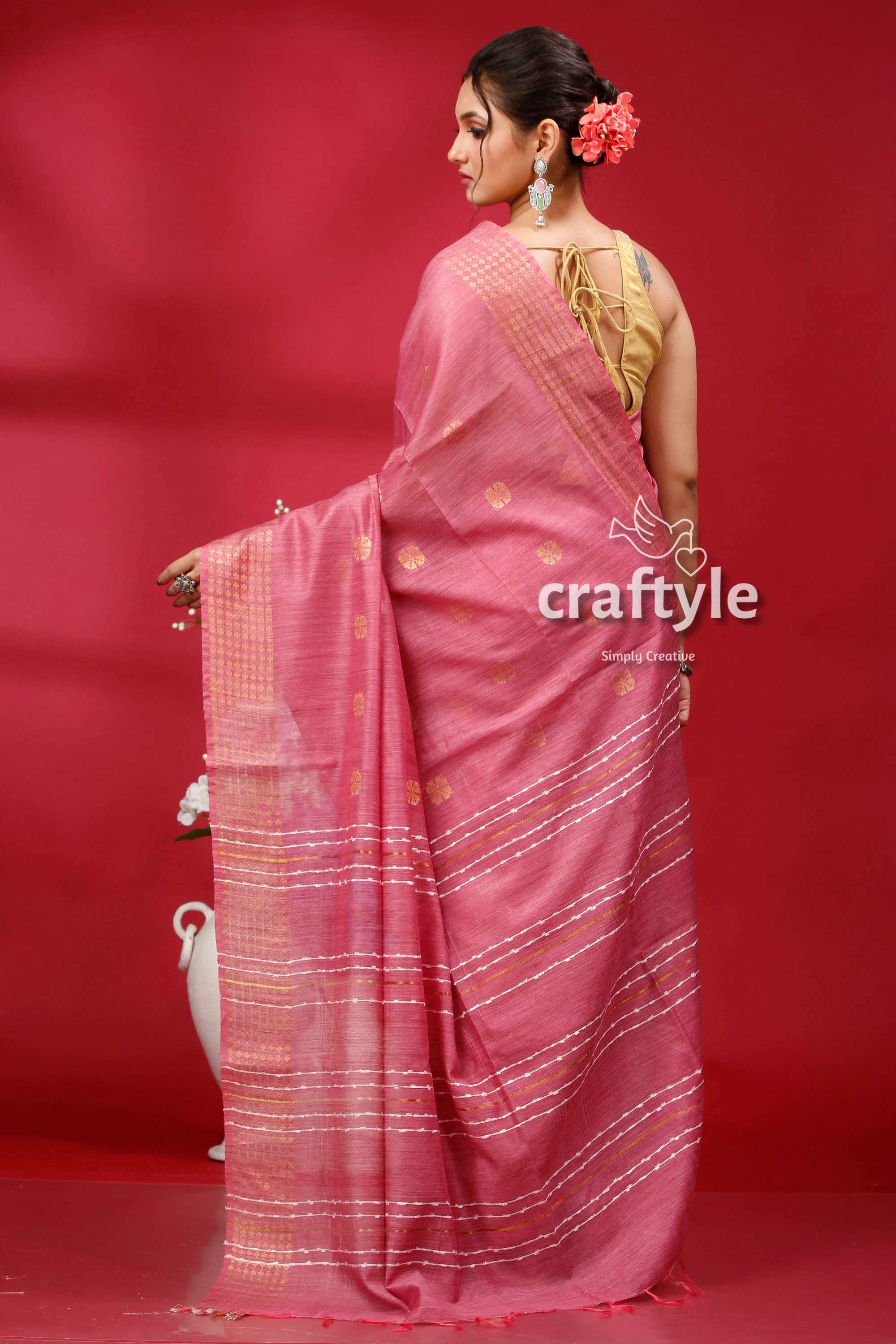 Charm Pink Bhagalpuri Silk Saree with Golden Zari Border - Ghicha Silk - Craftyle