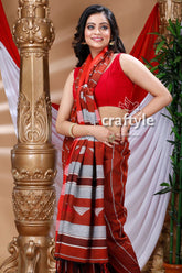 Cinamon Brown & Red Handloom Cotton Saree-Craftyle