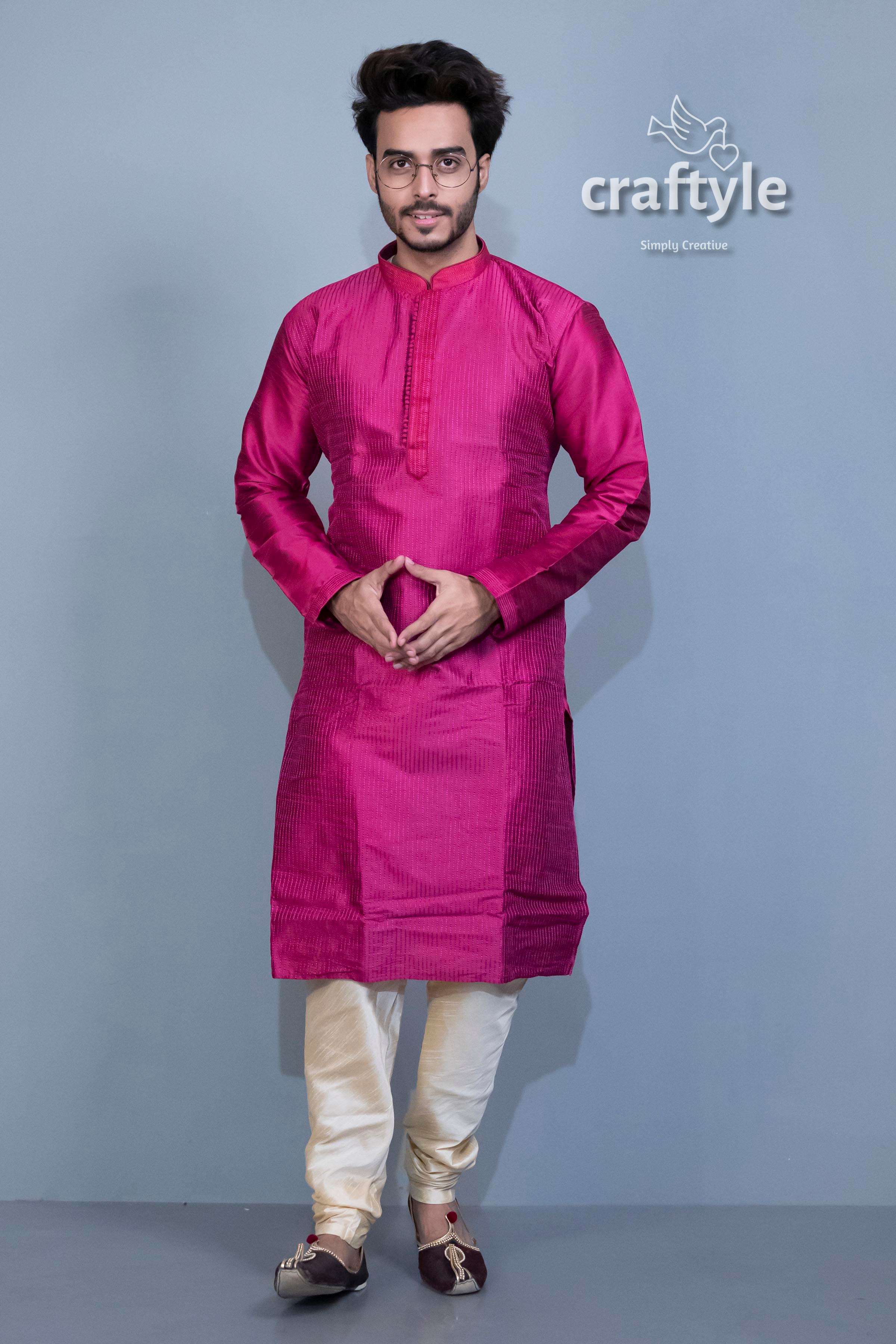 French Plum Soft Silk Embroidered Kurta for Men