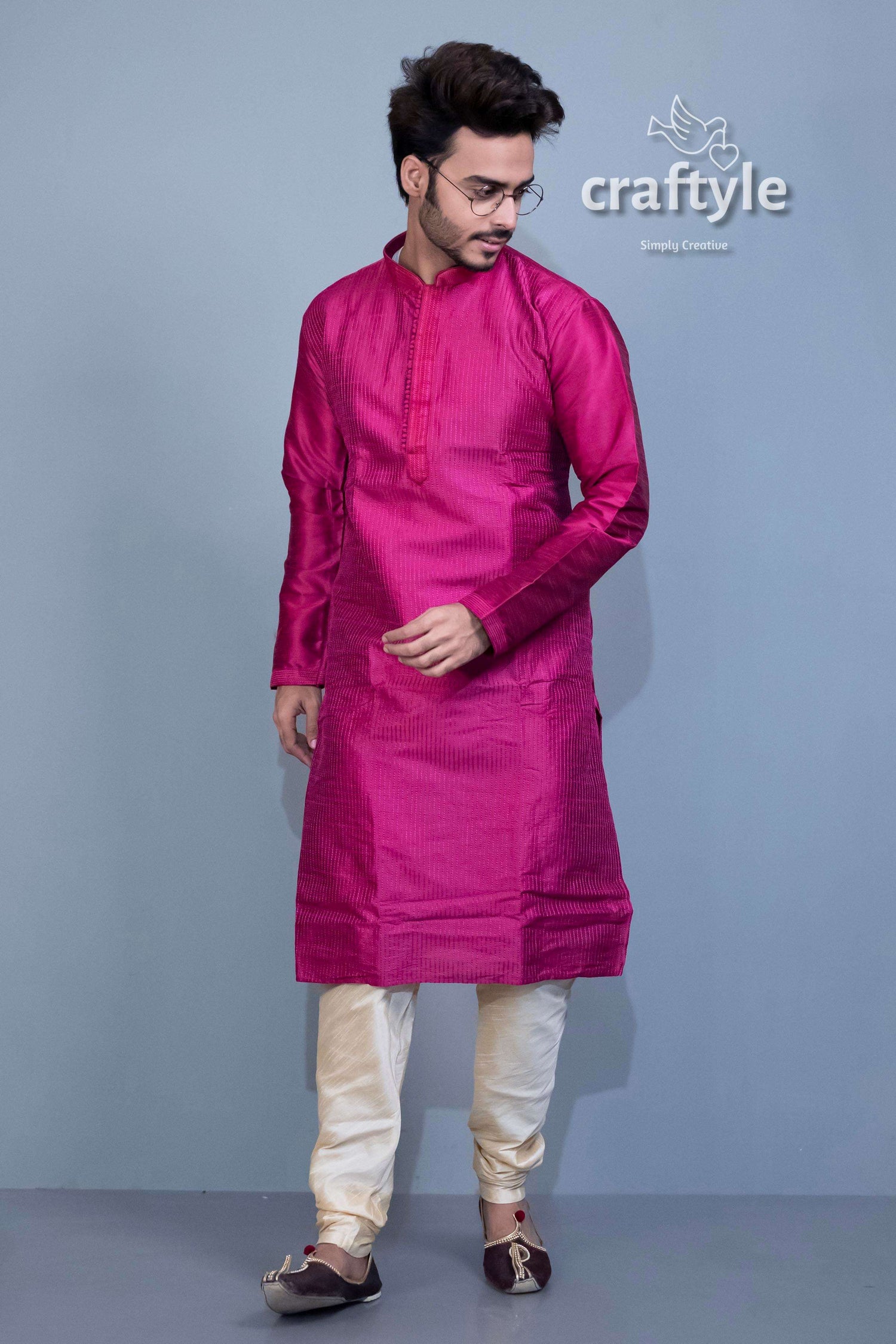 French Plum Soft Silk Embroidered Kurta for Men