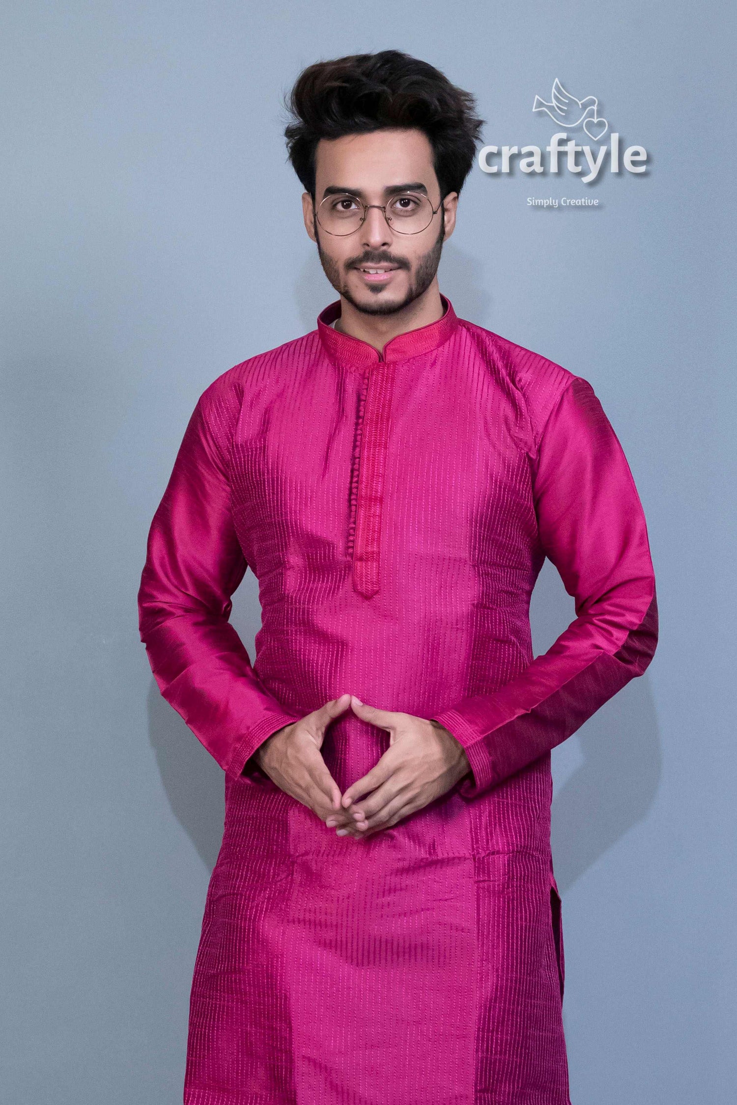 French Plum Soft Silk Embroidered Kurta for Men