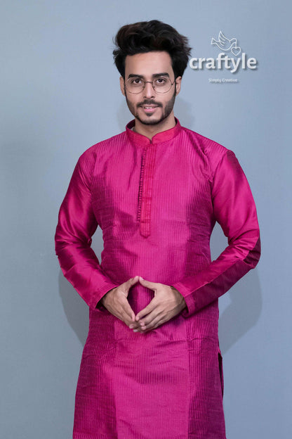 French Plum Soft Silk Embroidered Kurta for Men