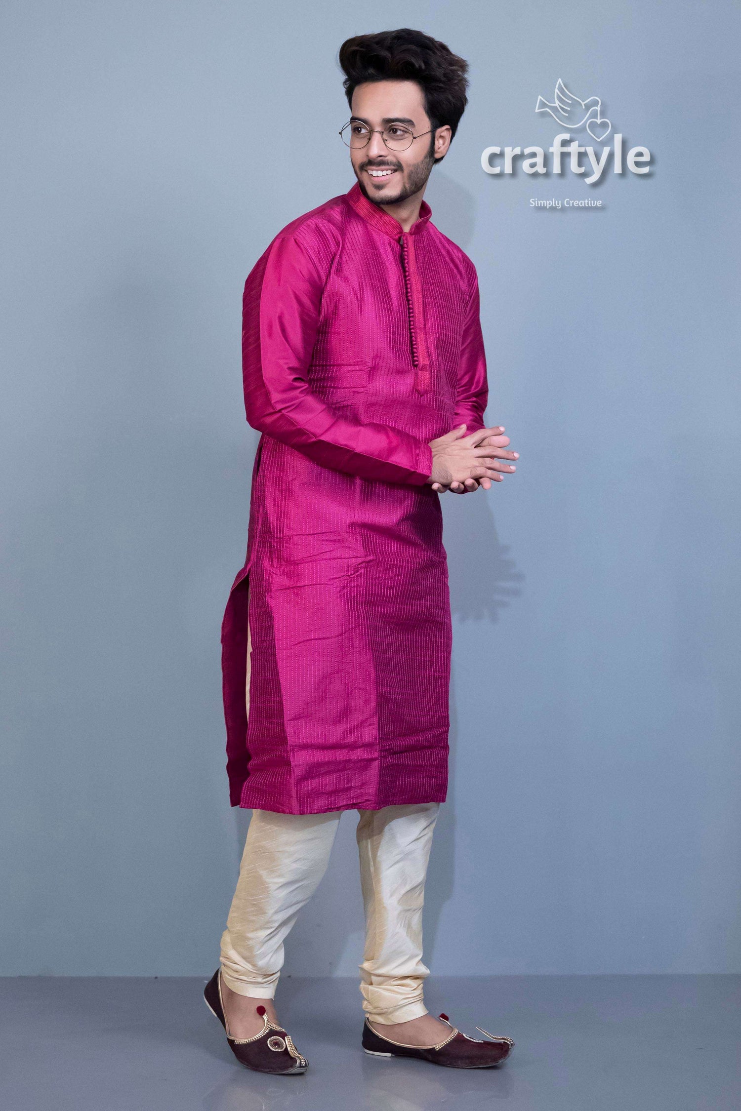 French Plum Soft Silk Embroidered Kurta for Men