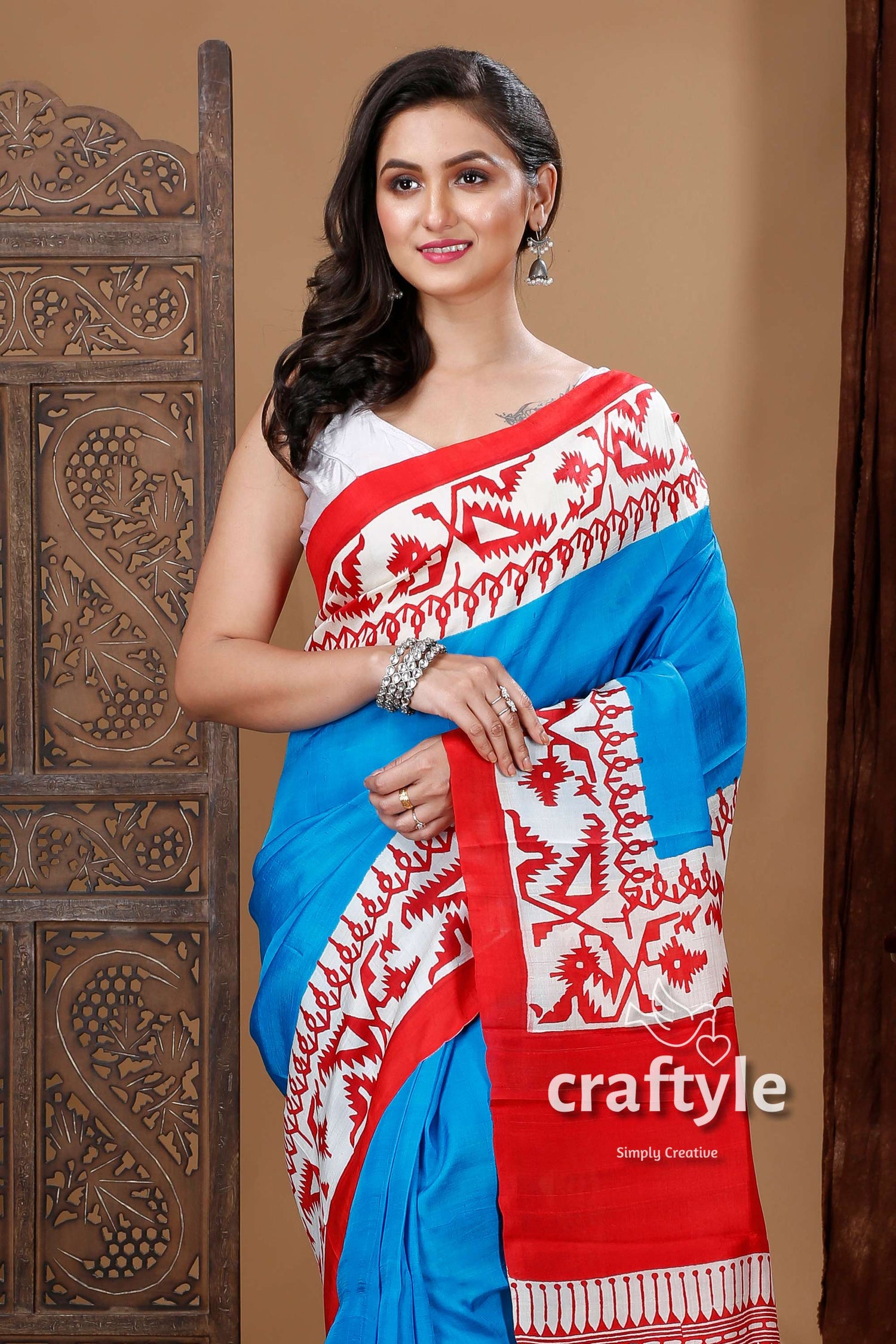 Cobalt Blue &amp; Red Jamdani Motif Hand Block Pure Mulberry Pure Silk Saree - Craftyle