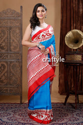 Cobalt Blue & Red Jamdani Motif Hand Block Pure Mulberry Pure Silk Saree - Craftyle