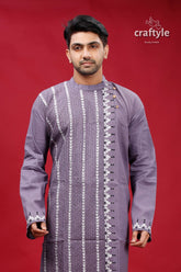 Cool Grey Hand Kantha Stitch Cotton Kurta for Men - Craftyle