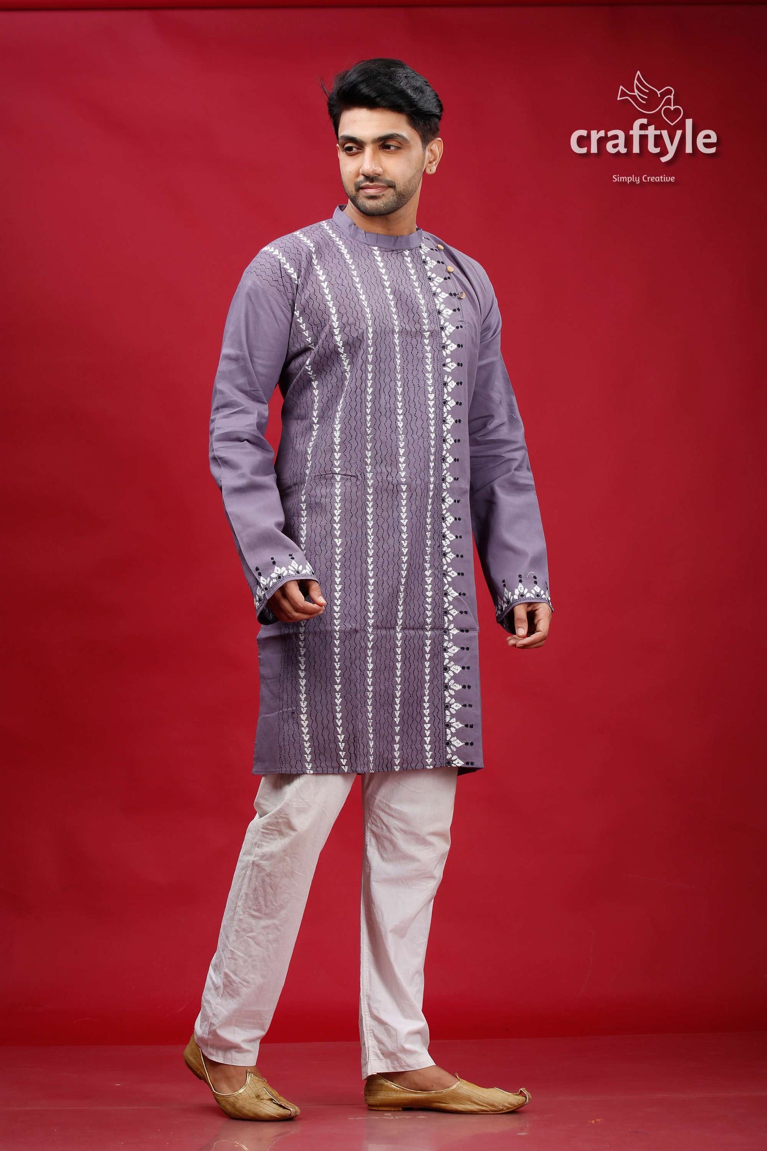 Cool Grey Hand Kantha Stitch Cotton Kurta for Men - Craftyle