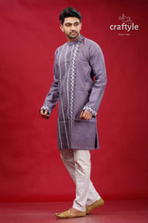 Cool Grey Hand Kantha Stitch Cotton Kurta for Men - Craftyle