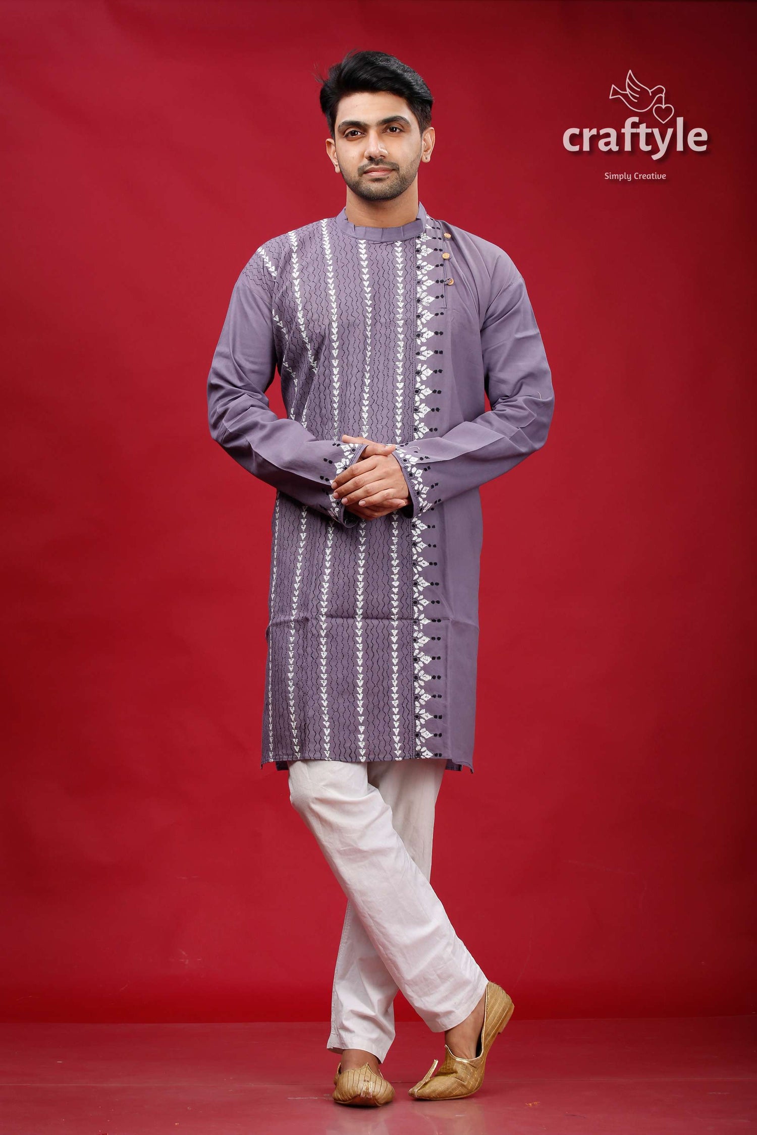 Cool Grey Hand Kantha Stitch Cotton Kurta for Men - Craftyle