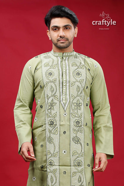 Coriander Green Kantha Work Cotton Mens Kurta Panjabi - Craftyle