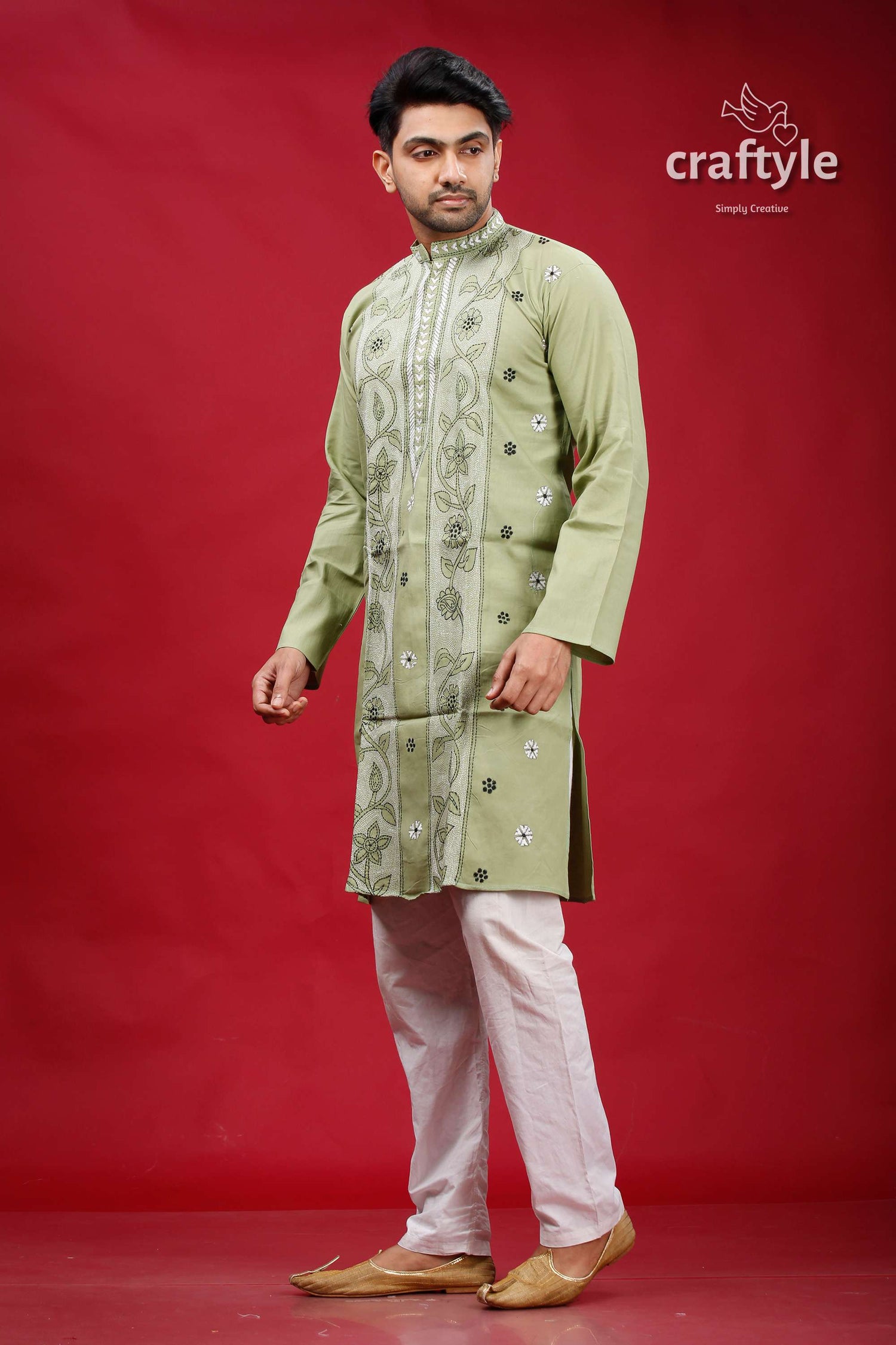 Coriander Green Kantha Work Cotton Mens Kurta Panjabi - Craftyle