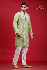 Coriander Green Kantha Work Cotton Mens Kurta Panjabi - Craftyle