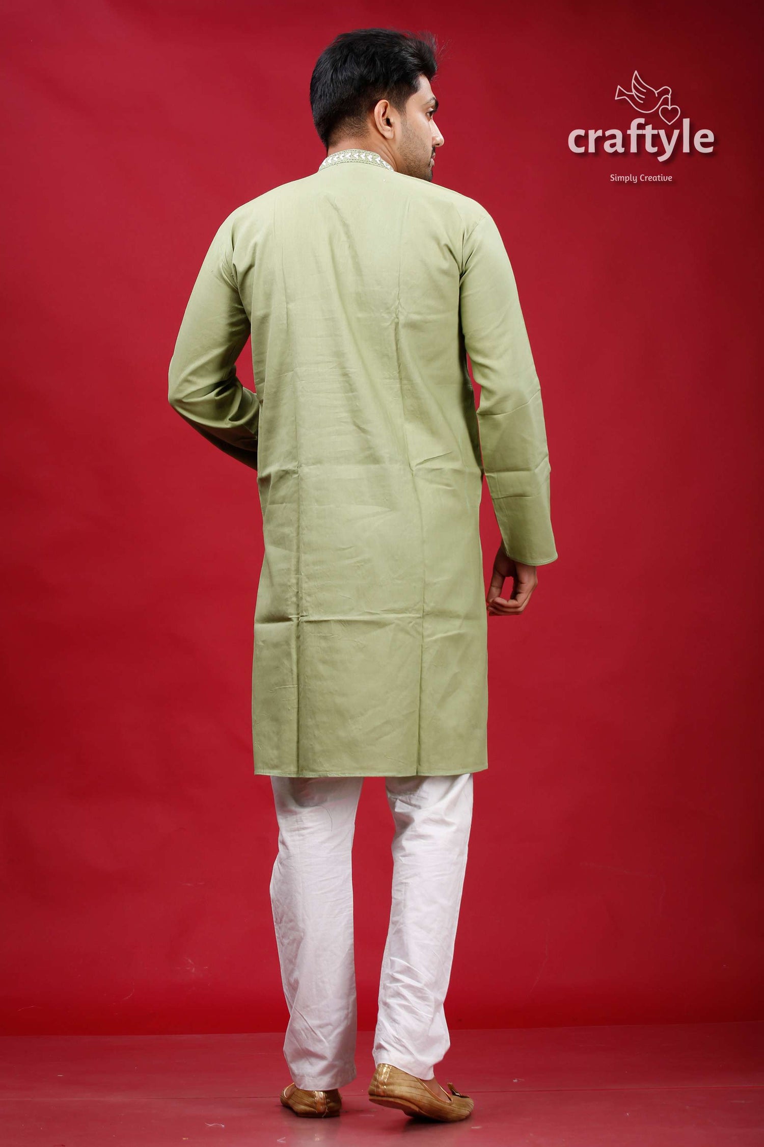 Coriander Green Kantha Work Cotton Mens Kurta Panjabi - Craftyle