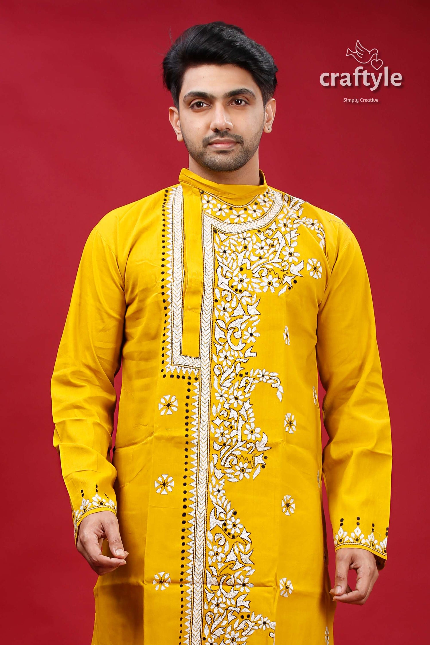 Corn Yellow Kantha Hand Embroidered Gents Kurta - Craftyle