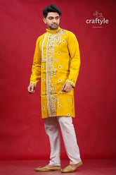 Corn Yellow Kantha Hand Embroidered Gents Kurta - Craftyle