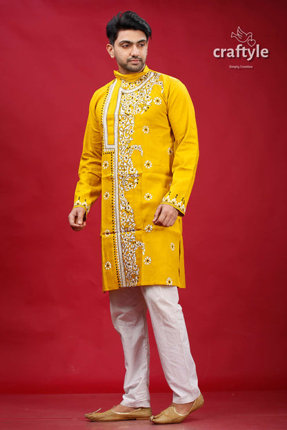 Corn Yellow Kantha Hand Embroidered Gents Kurta - Craftyle