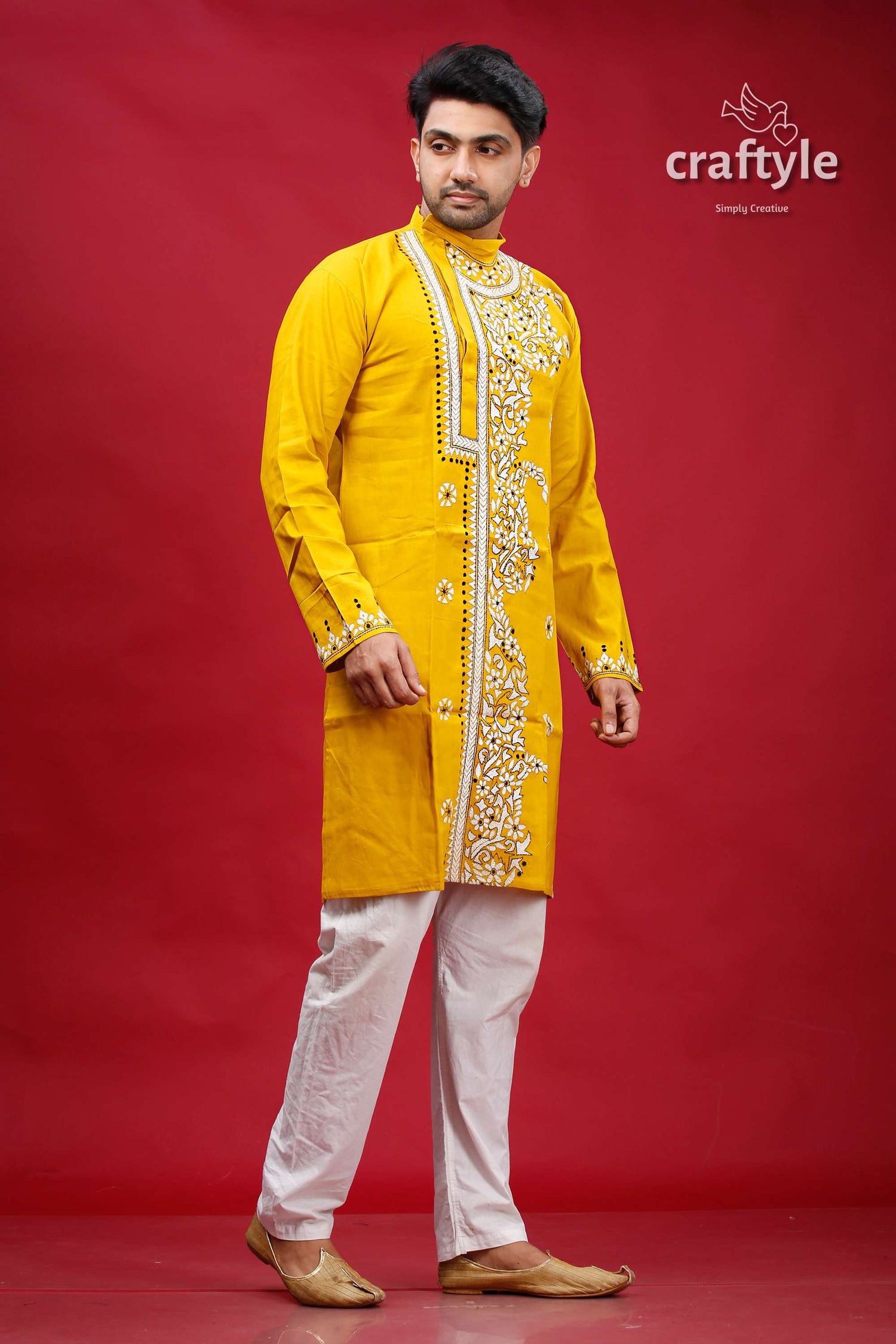 Corn Yellow Kantha Hand Embroidered Gents Kurta - Craftyle