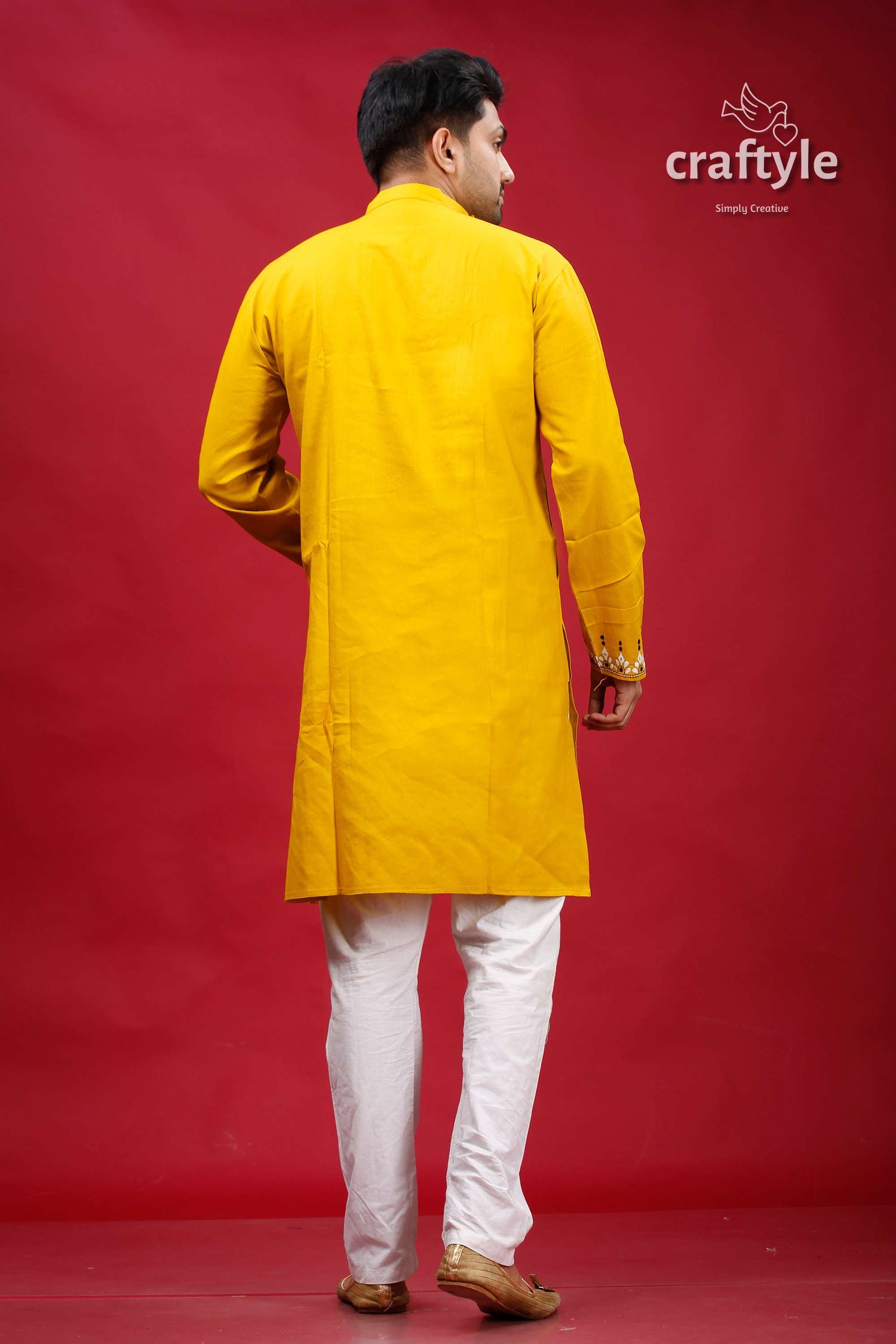 Corn Yellow Kantha Hand Embroidered Gents Kurta - Craftyle