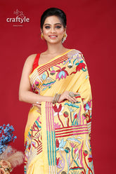 Crayola Yellow Lotus Motif Silk Kantha Stitch Saree - Craftyle