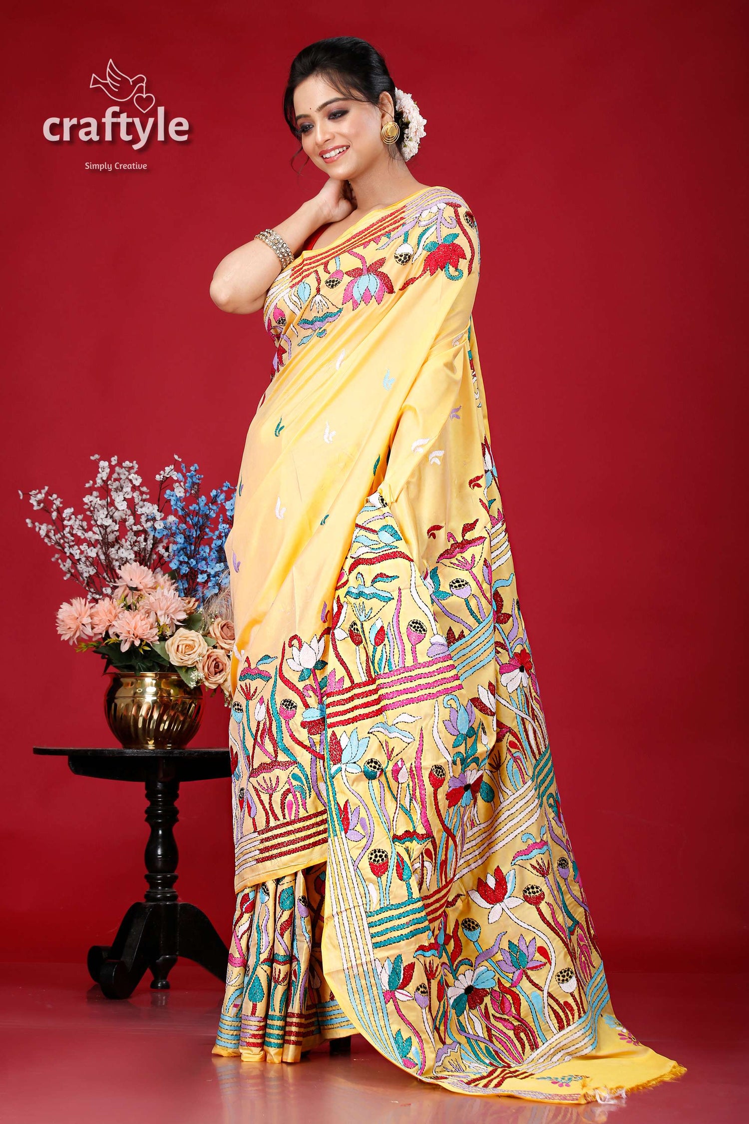 Crayola Yellow Lotus Motif Silk Kantha Stitch Saree - Craftyle