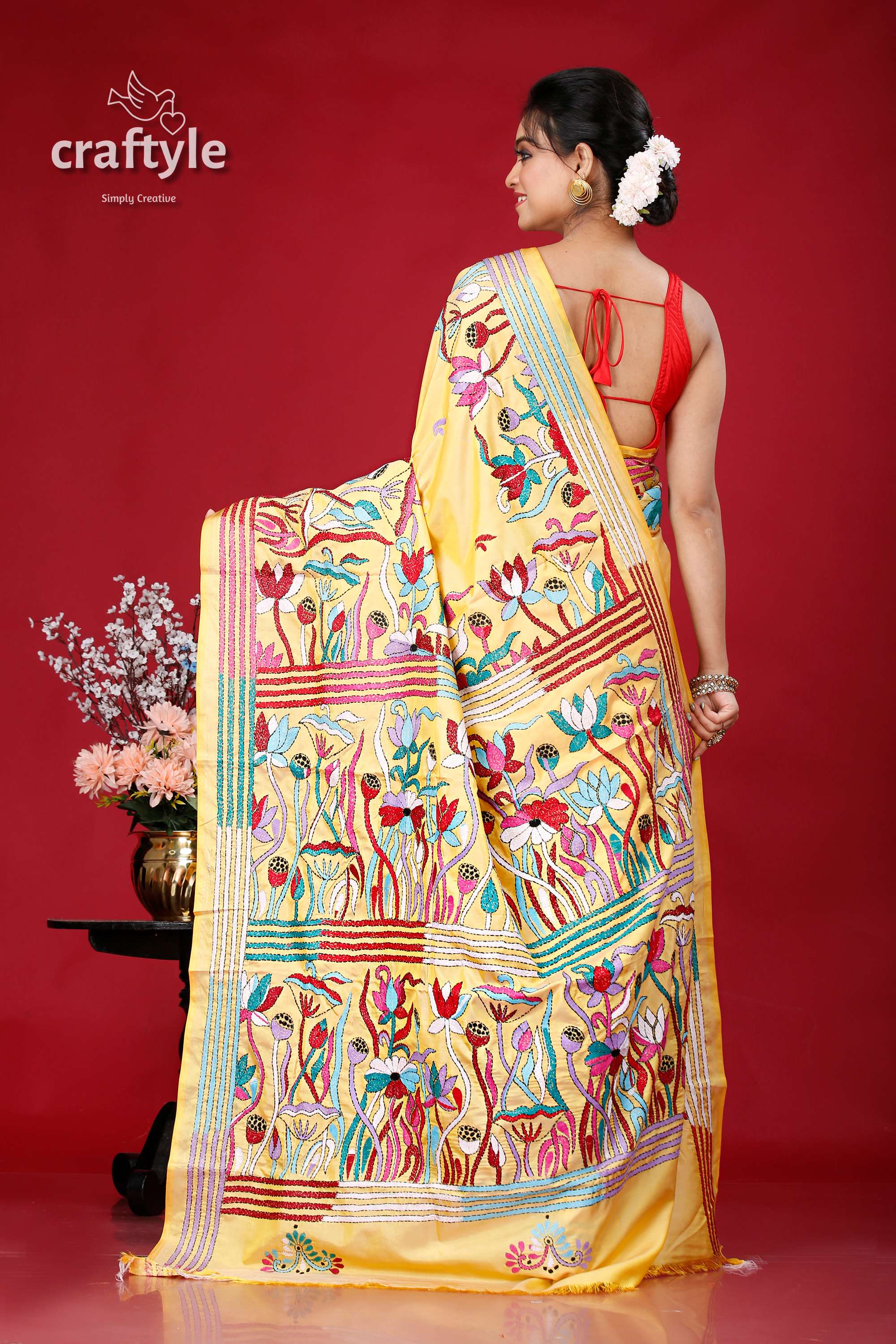 Crayola Yellow Lotus Motif Silk Kantha Stitch Saree - Craftyle