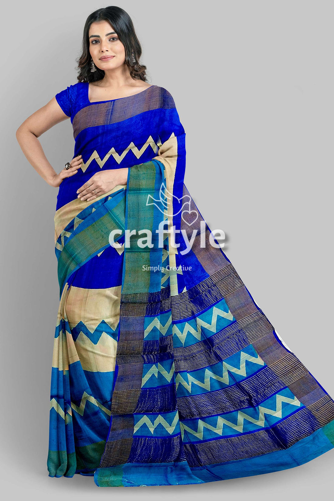 Cream Blue Hand Block Print Pure Tussar Saree with Zari Border - Craftyle