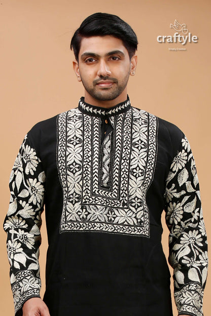 Cream-White and black Kantha Stitch Cotton Mens Kurta - Craftyle