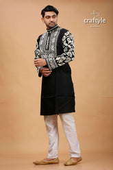 Cream-White and black Kantha Stitch Cotton Mens Kurta - Craftyle