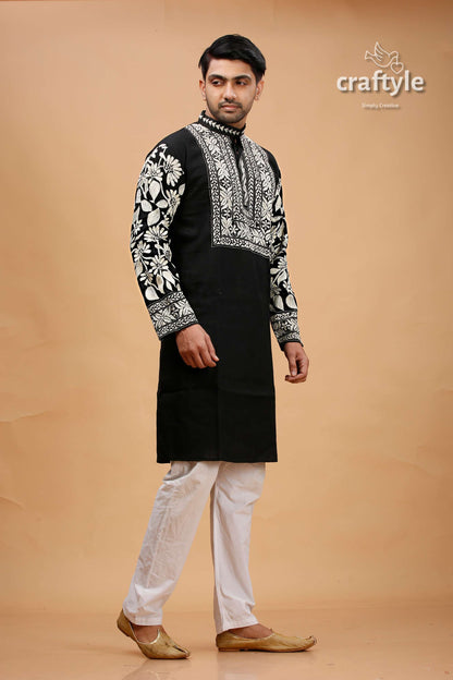 Cream-White and black Kantha Stitch Cotton Mens Kurta - Craftyle