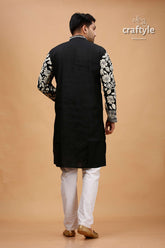 Cream-White and black Kantha Stitch Cotton Mens Kurta - Craftyle