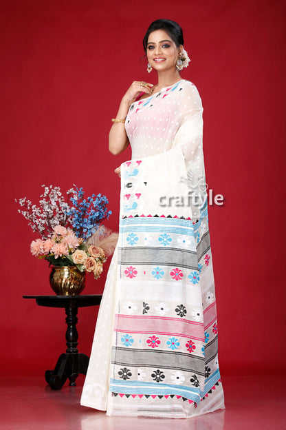 Cream White Multicolor Intricate Jamdani Saree - Craftyle