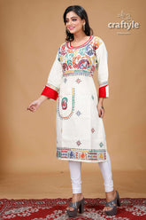 Cream with Multi Thread Kantha Fusion Cotton Kurti for Women - Craftyle