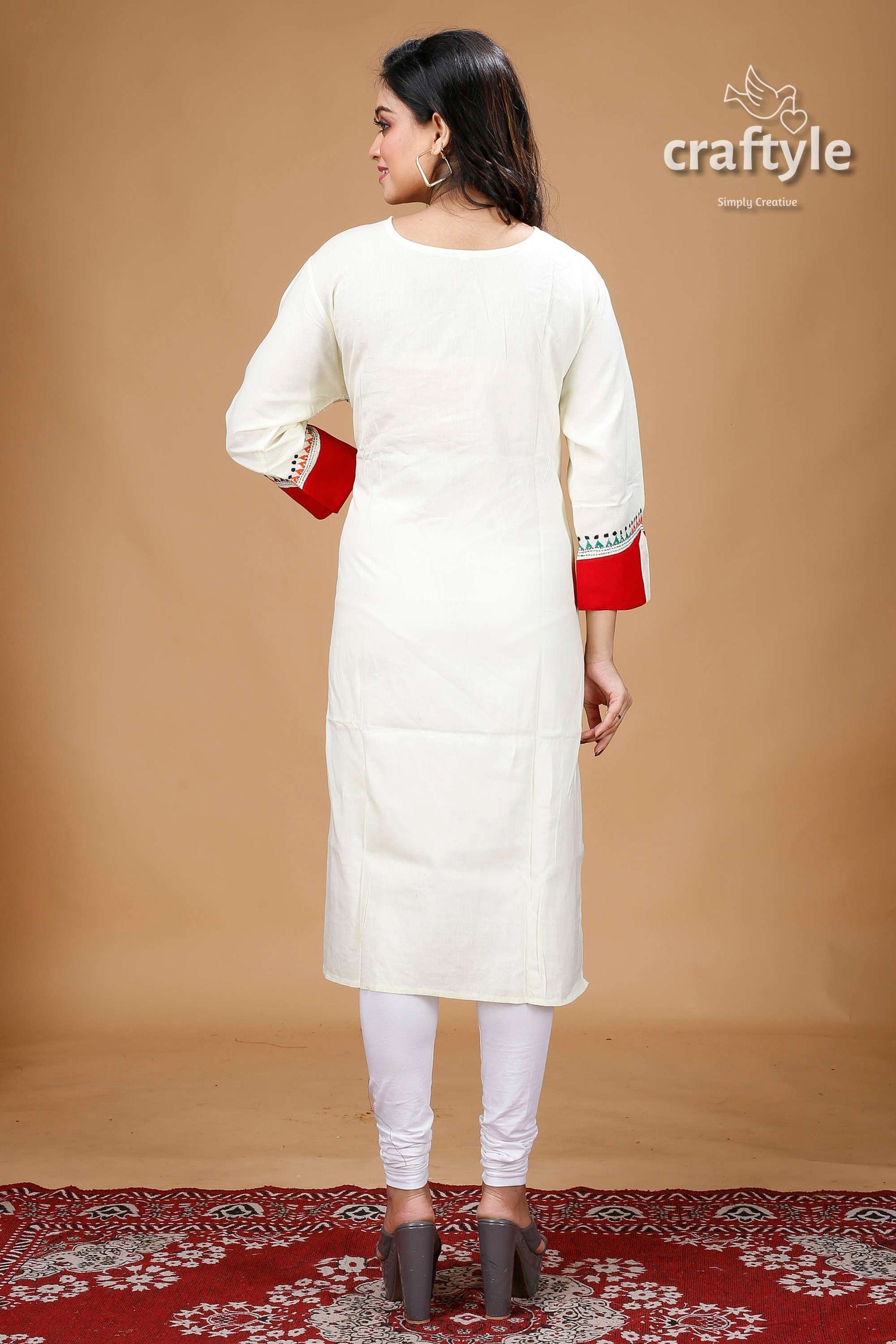 Cream with Multi Thread Kantha Fusion Cotton Kurti for Women - Craftyle