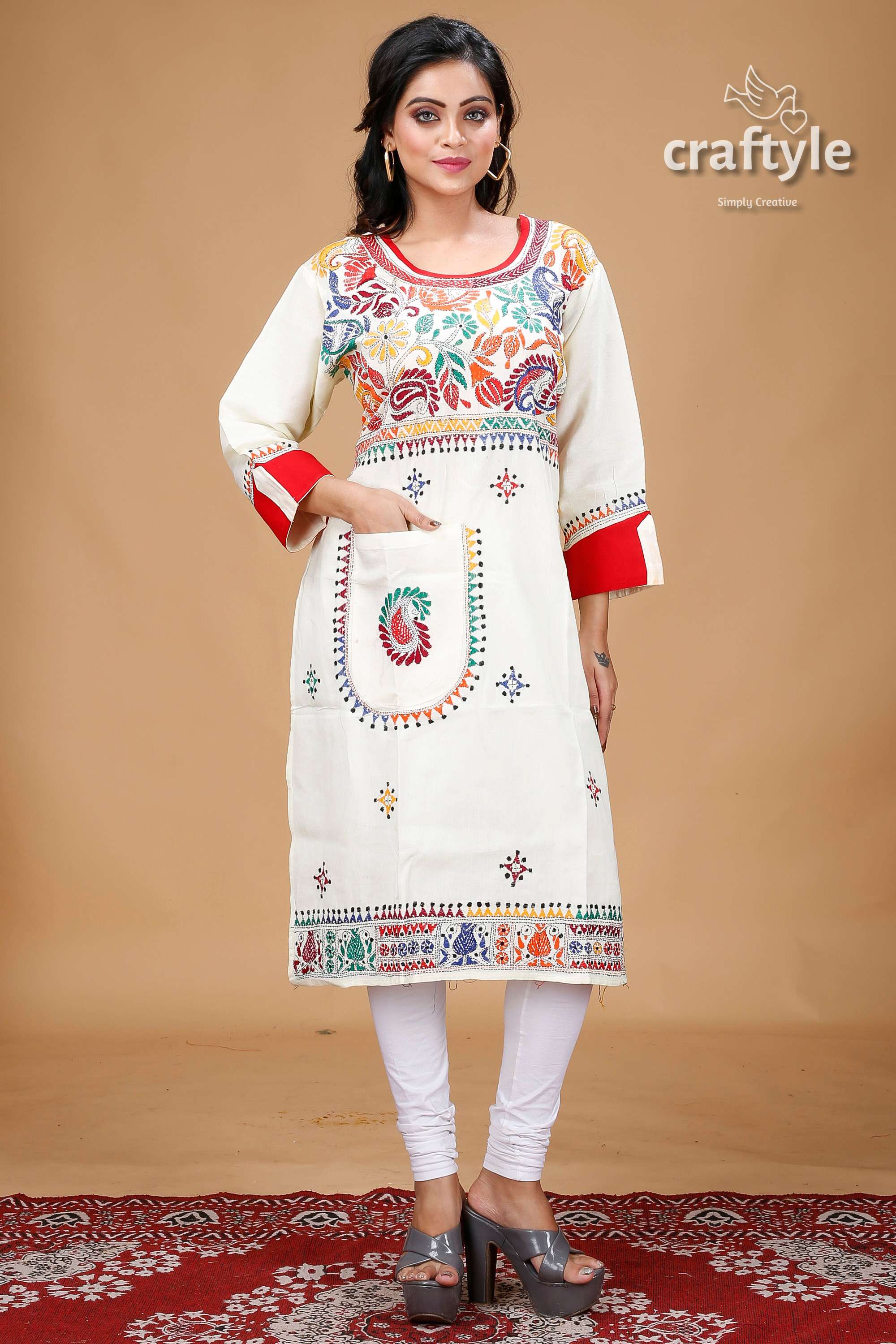 Cream with Multi Thread Kantha Fusion Cotton Kurti for Women - Craftyle