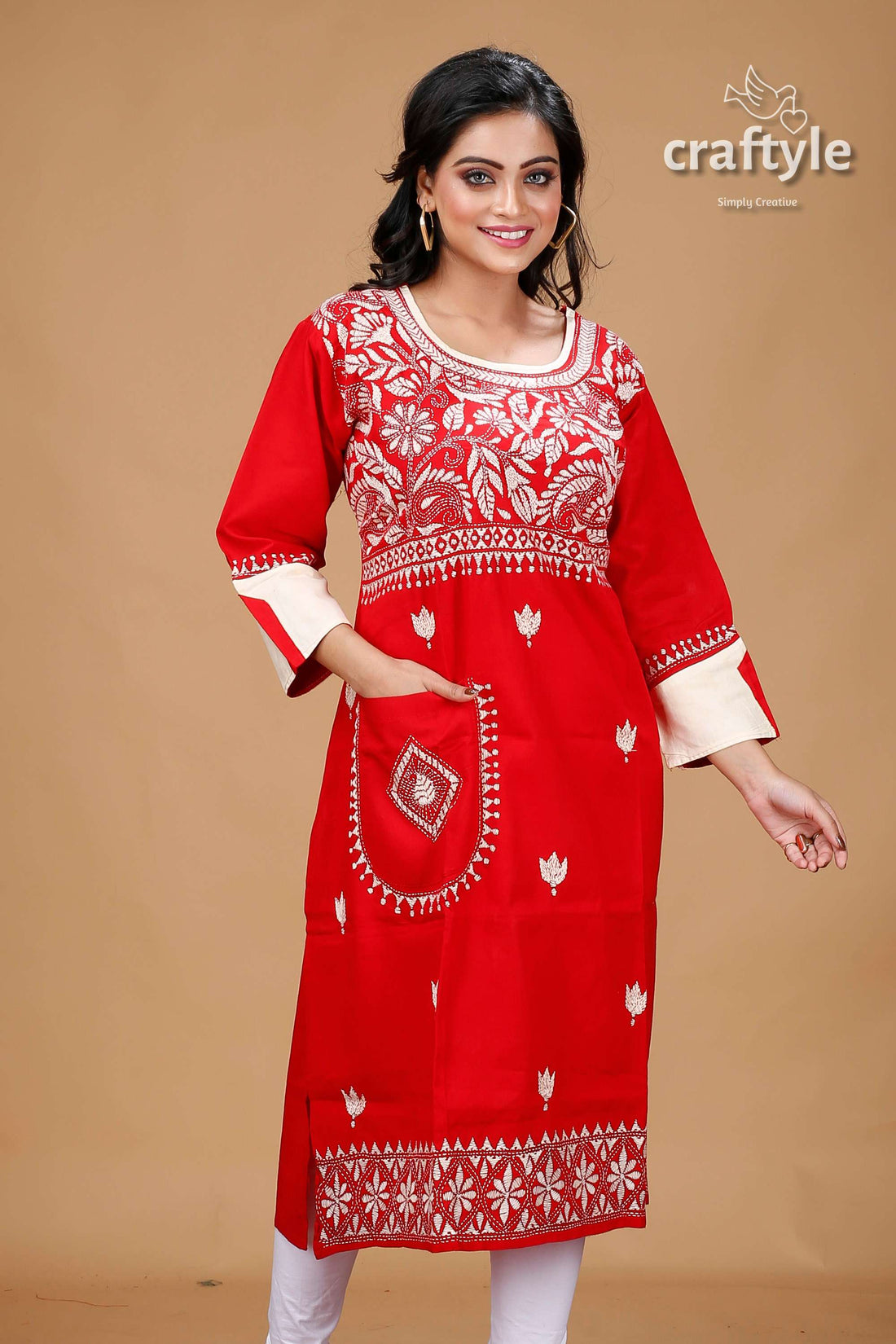 Crimson Red Beige Thread Work Kantha Fusion Cotton Kurti - Craftyle