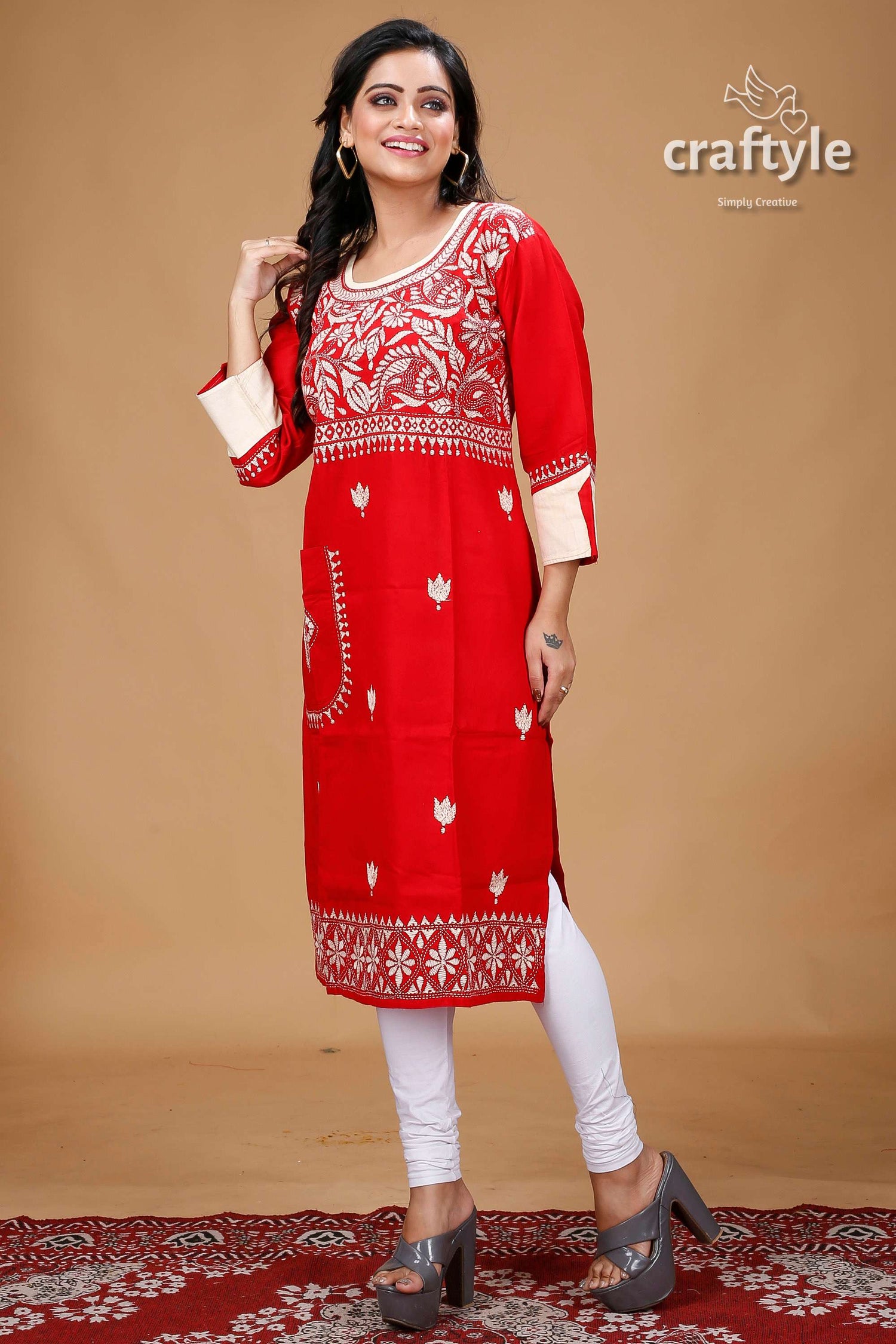 Crimson Red Beige Thread Work Kantha Fusion Cotton Kurti - Craftyle