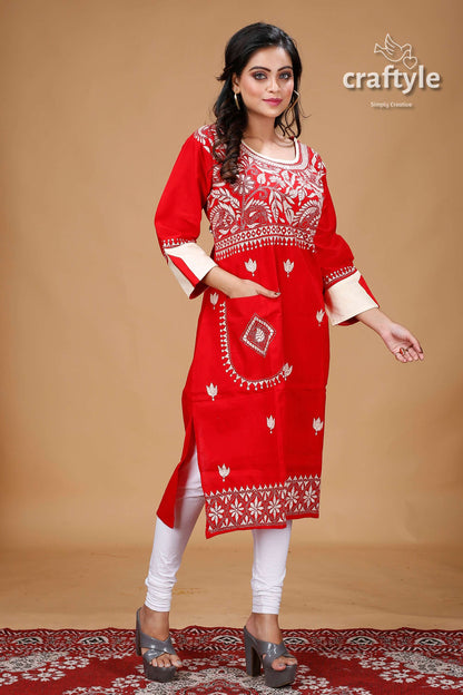 Crimson Red Beige Thread Work Kantha Fusion Cotton Kurti - Craftyle