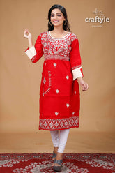 Crimson Red Beige Thread Work Kantha Fusion Cotton Kurti - Craftyle