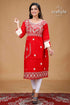 Crimson Red Beige Thread Work Kantha Fusion Cotton Kurti - Craftyle