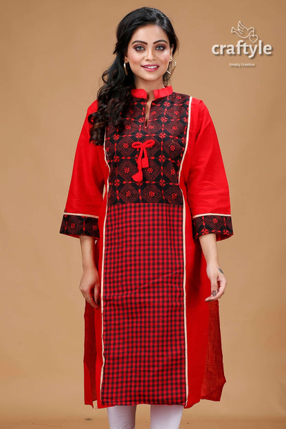 Crimson Red Black Cotton Kantha Designer Kurti for Women - Craftyle