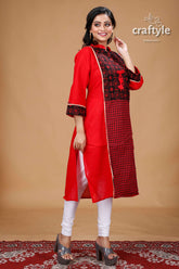 Crimson Red Black Cotton Kantha Designer Kurti for Women - Craftyle