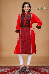 Crimson Red Black Cotton Kantha Designer Kurti for Women - Craftyle