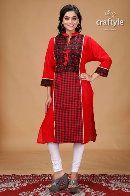 Crimson Red Black Cotton Kantha Designer Kurti for Women - Craftyle