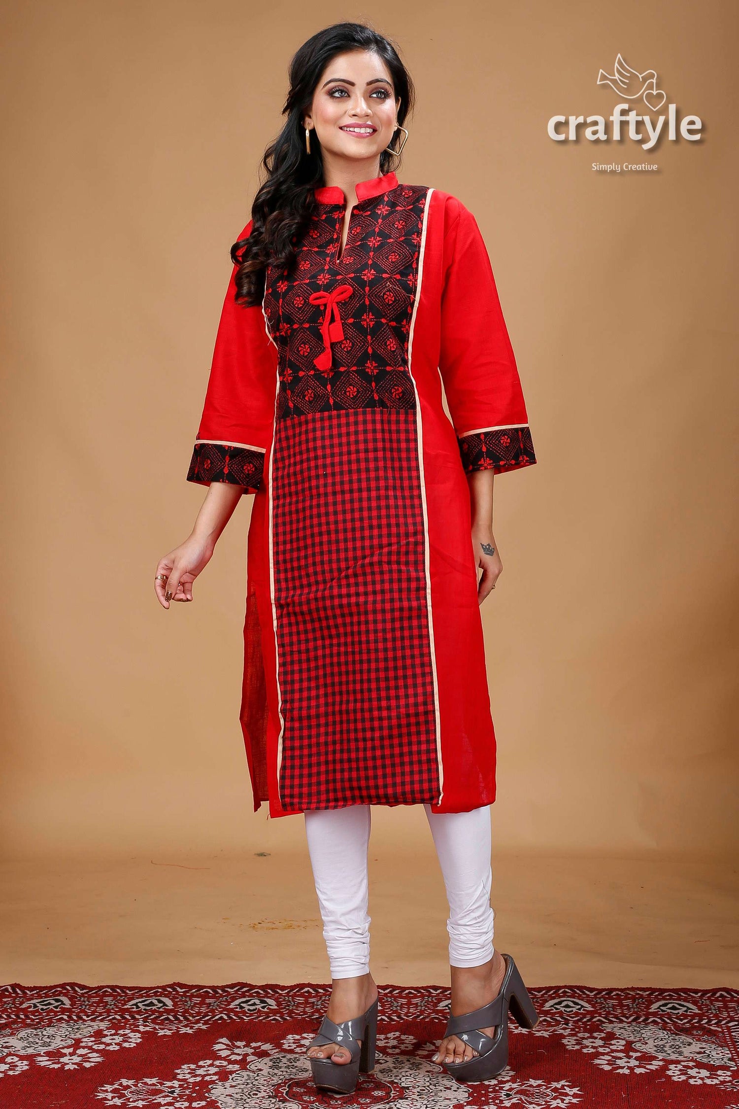 Crimson Red Black Cotton Kantha Designer Kurti for Women - Craftyle