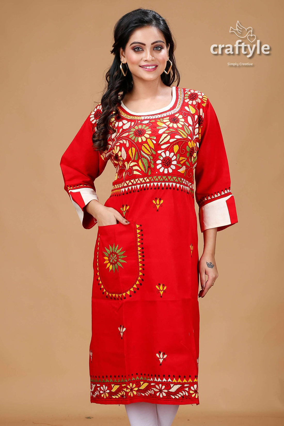 Crimson Red Floral Motif All Over Embroidery Cotton Kantha Kurti - Craftyle