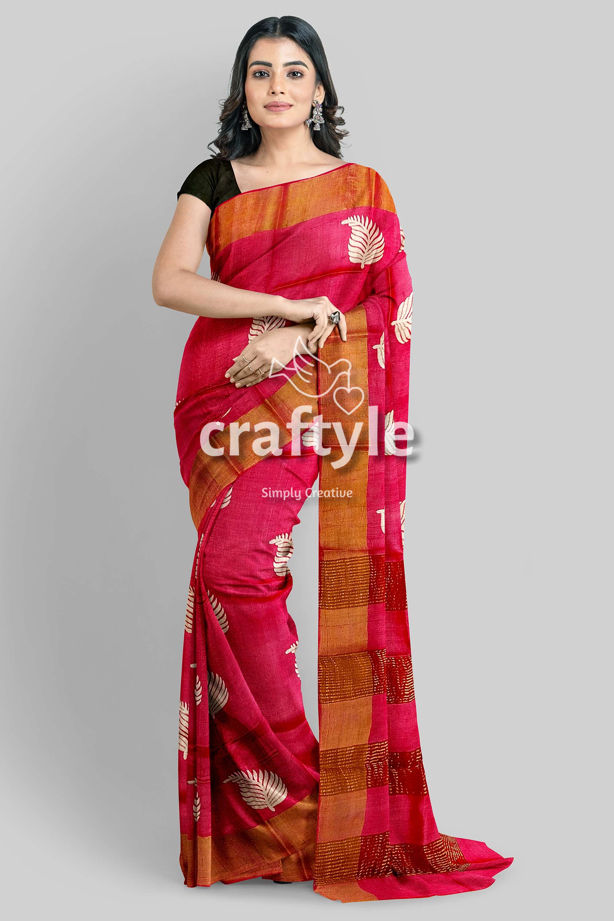 Crimson Red Hand Block Print Pure Tussar Silk Saree with Zari Border - Craftyle