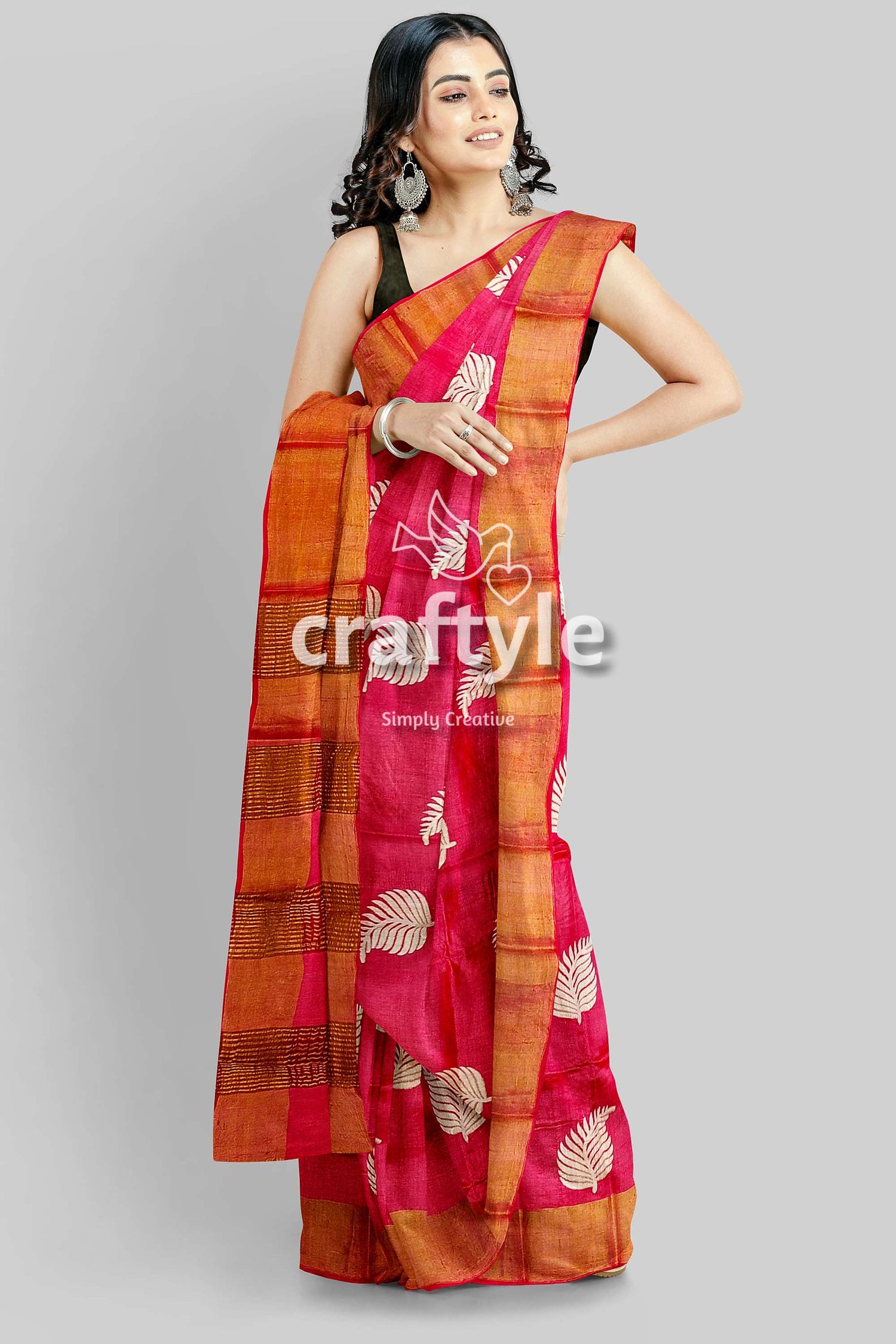 Crimson Red Hand Block Print Pure Tussar Silk Saree with Zari Border - Craftyle