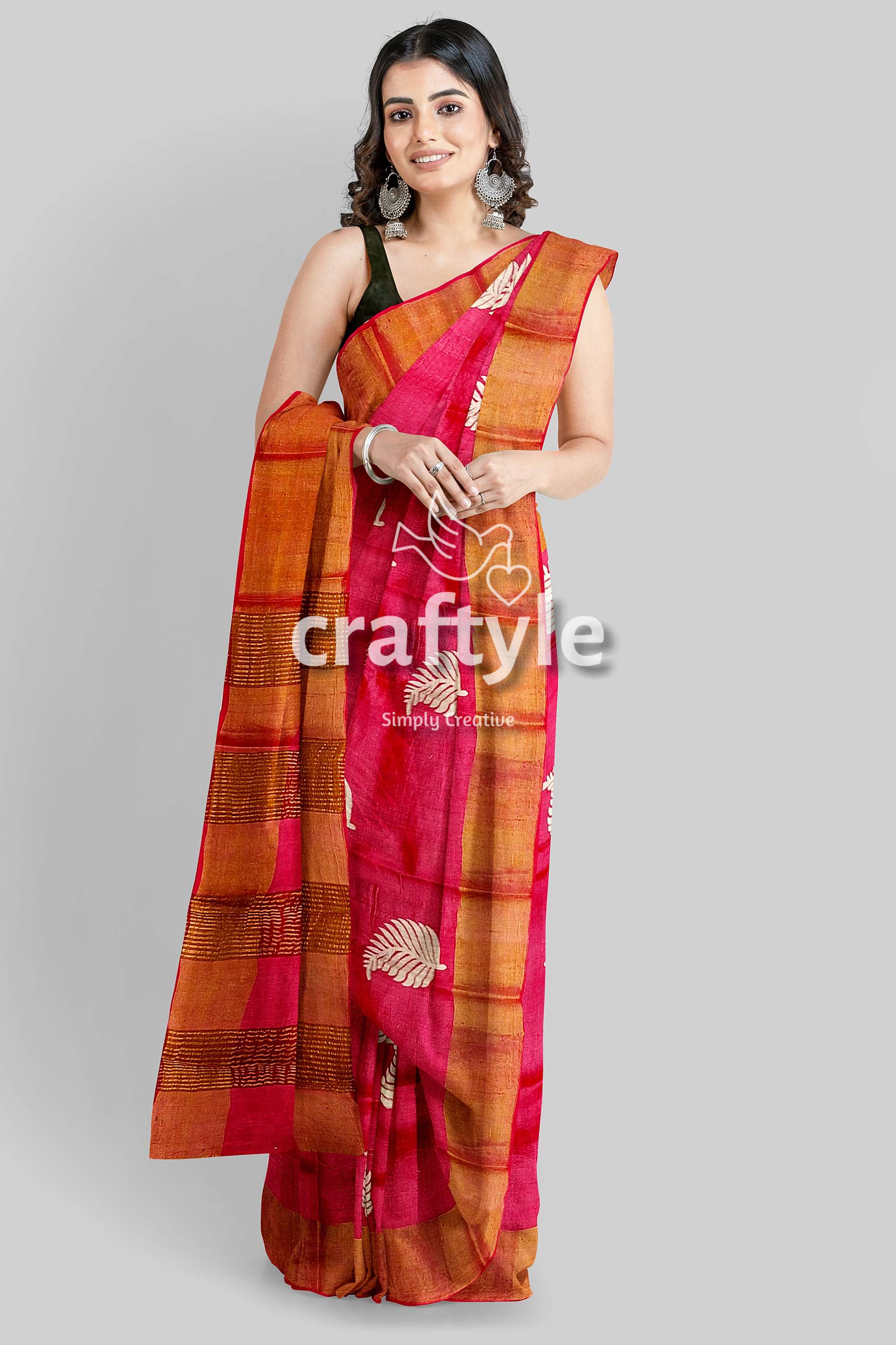 Crimson Red Hand Block Print Pure Tussar Silk Saree with Zari Border - Craftyle