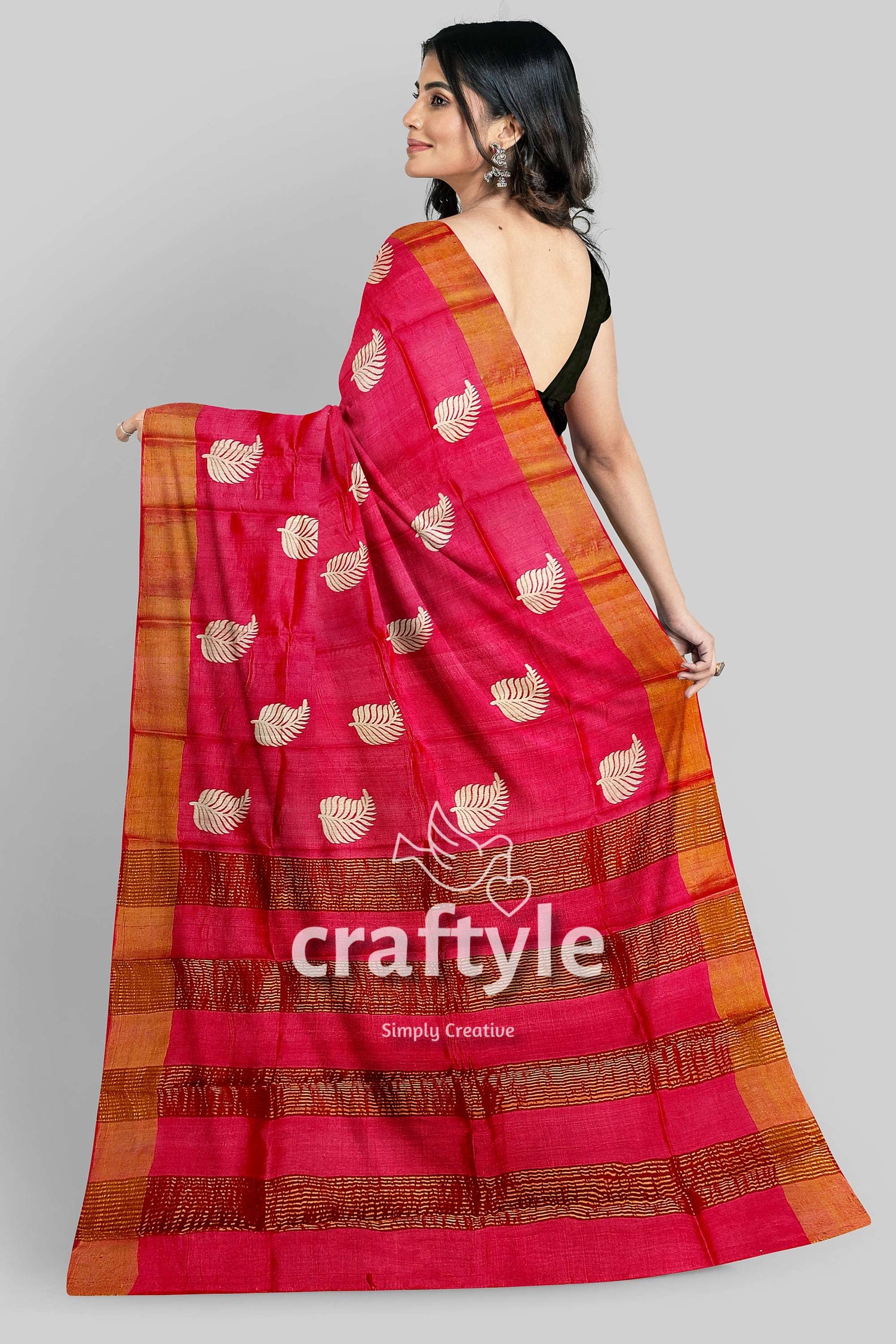 Crimson Red Hand Block Print Pure Tussar Silk Saree with Zari Border - Craftyle